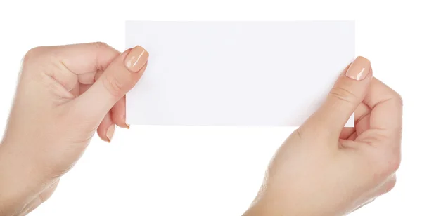 Mâinile care țin cardul gol izolat pe alb — Fotografie, imagine de stoc