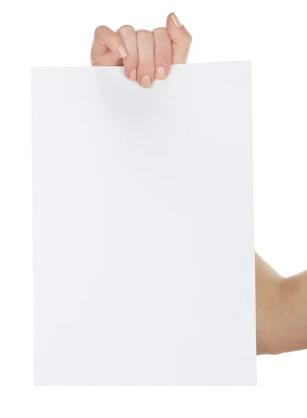 Hand houden blanco kaart geïsoleerd op wit — Stockfoto