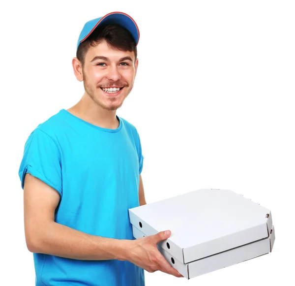 Entrega menino com caixa de pizza de papelão isolado em branco — Fotografia de Stock