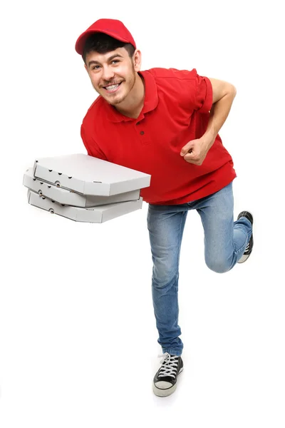 Delivery boy with cardboard pizza box isolated on white — Stock Photo, Image