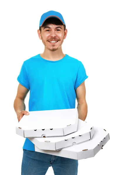 Bezorger met kartonnen pizzadoos geïsoleerd op wit — Stockfoto