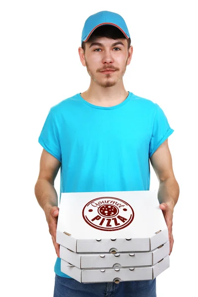 Delivery boy with cardboard pizza box isolated on white — Stock Photo, Image