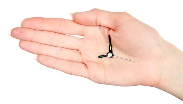 Рука тримає стрілки годинника ізольовані на білому — стокове фото