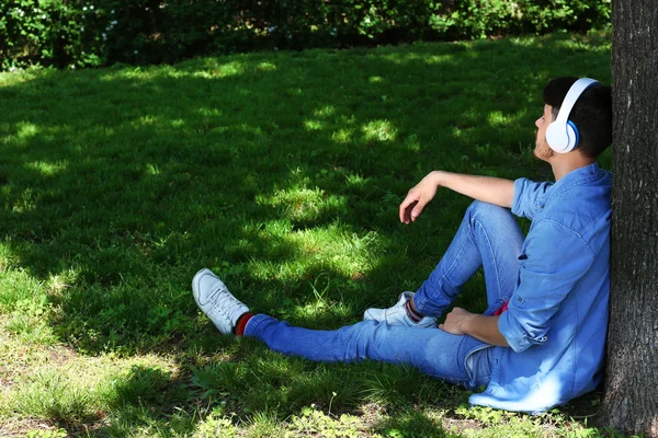 Hombre con auriculares descansando bajo el árbol en el parque —  Fotos de Stock