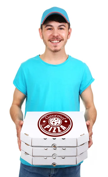 Livraison garçon avec boîte à pizza en carton isolé sur blanc — Photo