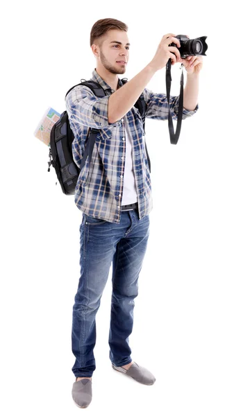 Traveler with camera isolated on white — Stock Photo, Image