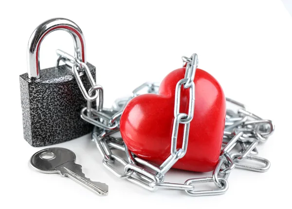 Red heart with metal chain — Stock Photo, Image