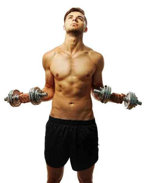 Muscle young man holding dumbbells isolated on white — Stock Photo, Image