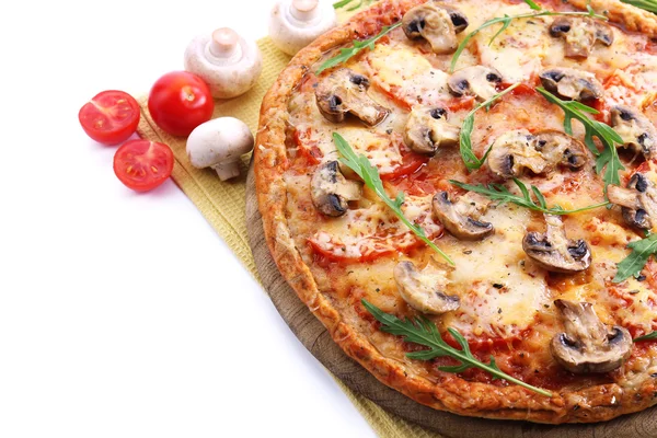 Tasty pizza with vegetables and napkin close up — Stock Photo, Image