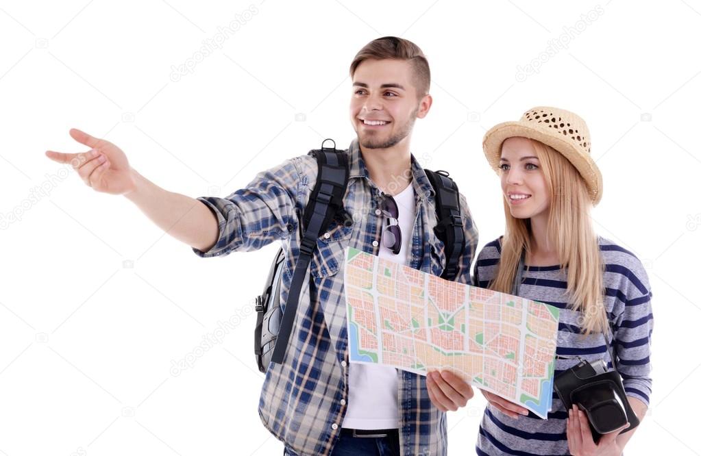 Pair of travelers with map isolated on white