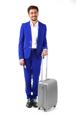 Çanta üzerinde beyaz izole iş adamı