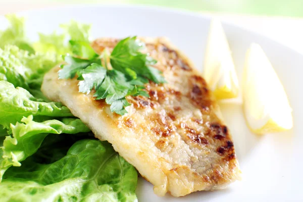 Plato de filete de pescado con lechuga y limón en el plato de cerca — Foto de Stock