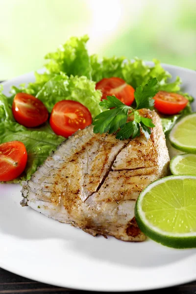 Plato de filete de pescado con ensalada y lima sobre fondo brillante — Foto de Stock