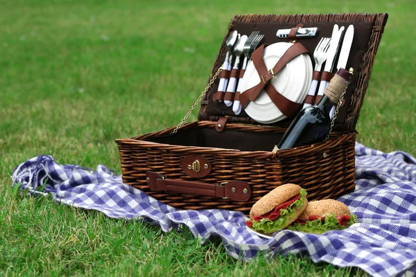 Rieten picknickmand, smakelijke sandwiches en plaid op groen gras, buitenshuis — Stockfoto