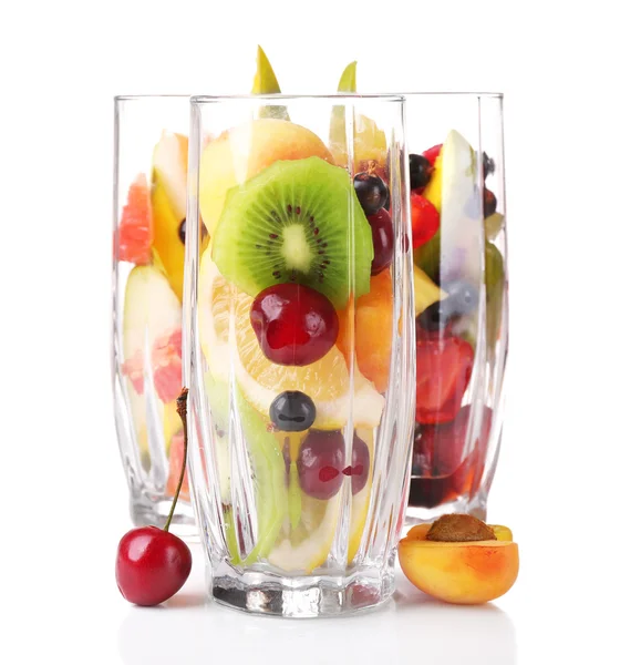 Fresh fruits salad in glasses isolated on white — Stock Photo, Image