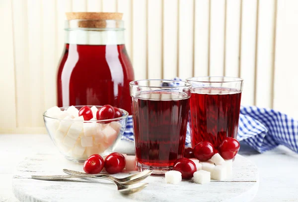 Ingredients for cherry compote on table, on light background — Stock Photo, Image