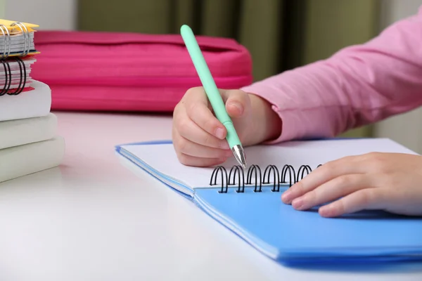 Kids hands drawing on notebook at desktop, closeup — Stock Photo, Image