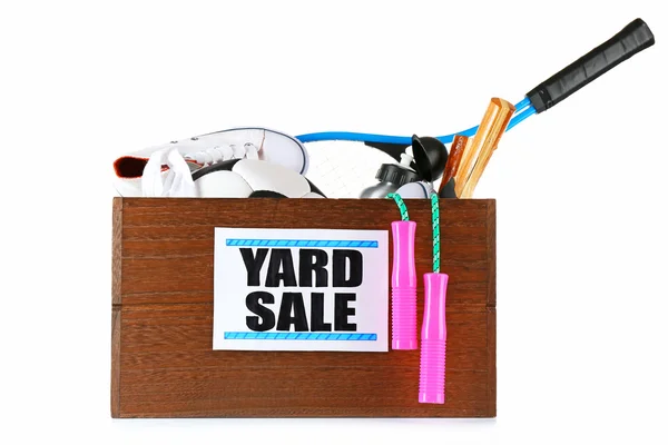 Box of unwanted stuff ready for yard sale — Stock Photo, Image