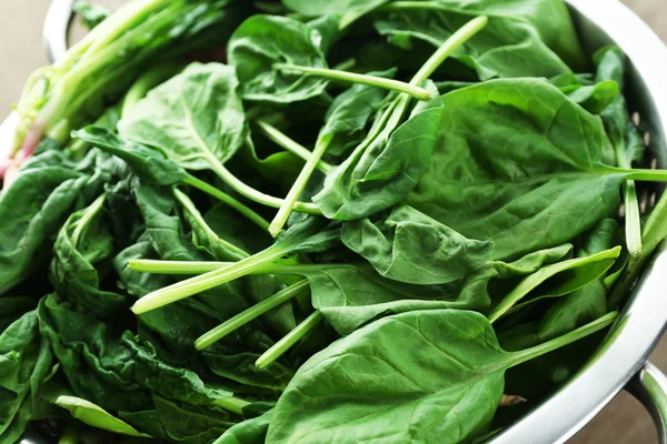 Foglie di spinaci freschi in colino, primo piano — Foto Stock