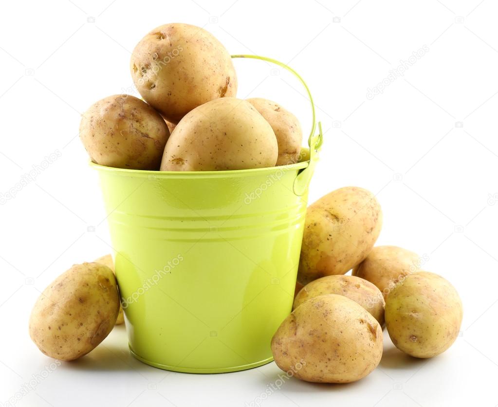 Young potatoes in metal bucket isolated on white
