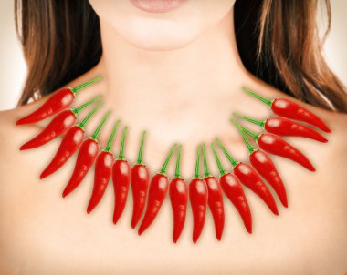 Red hot peppers on woman's body, Heartburn concept clipart