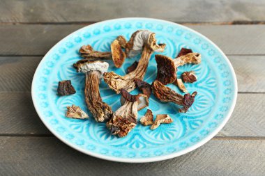 Mantar ahşap arka plan üzerinde renkli plaka üzerinde kurutulmuş