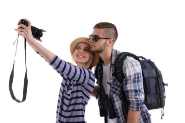 Beyaz izole kamera ile seyahat etmek çifti
