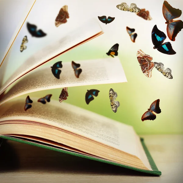 Livro aberto sobre mesa de madeira e borboletas sobre fundo natural — Fotografia de Stock