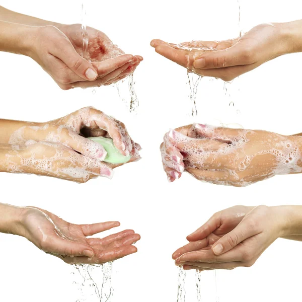 Коллаж мытья рук изолирован на белом — стоковое фото