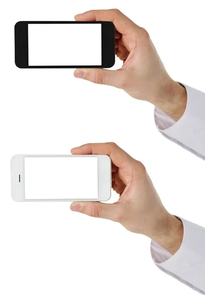 Hands holding mobile smart phones, isolated on white — Stock Photo, Image
