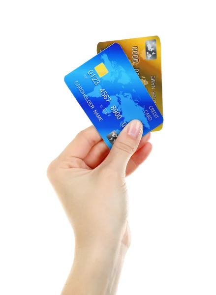 Hand holding credit cards, isolated on white — Stock Photo, Image