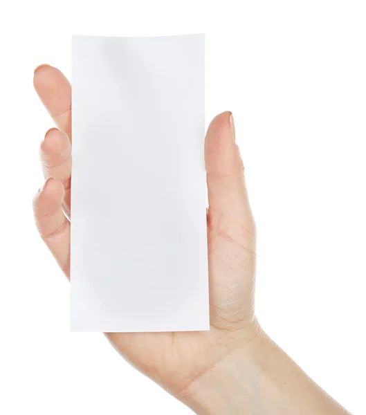 Mano que sostiene la tarjeta en blanco aislada en blanco — Foto de Stock