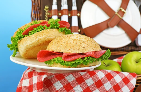 Smaczne kanapki na kosz piknikowy wiklina na niebieskim tle — Zdjęcie stockowe