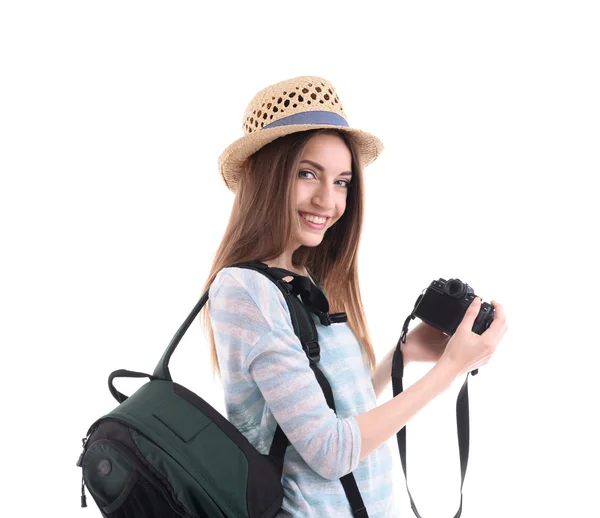 Viaggiatore con macchina fotografica isolata su bianco — Foto Stock