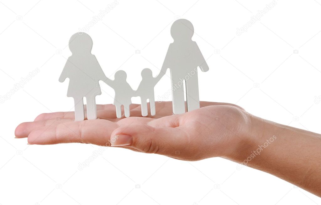 Female hand with model of family isolated on white