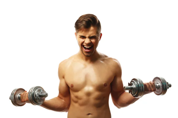 Muscle young man holding dumbbells isolated on white — Stock Photo, Image