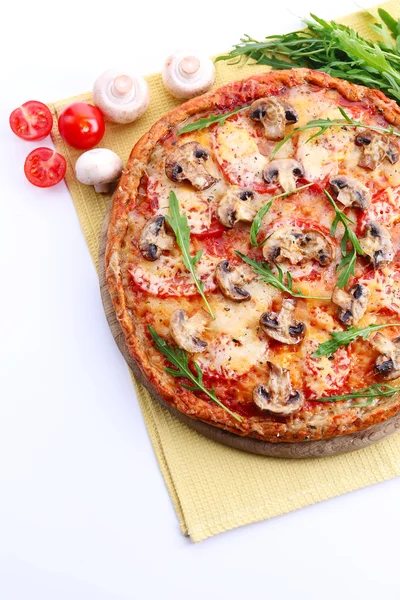 Tasty pizza with vegetables and napkin close up — Stock Photo, Image