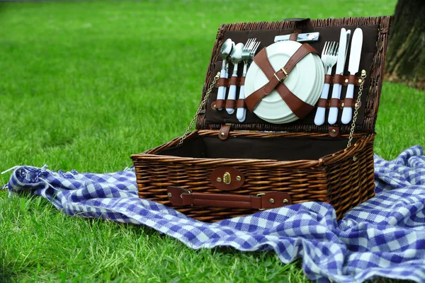 Cesto da picnic in vimini e plaid — Foto Stock