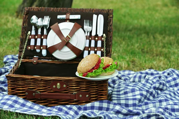 Rieten picknickmand. — Stockfoto