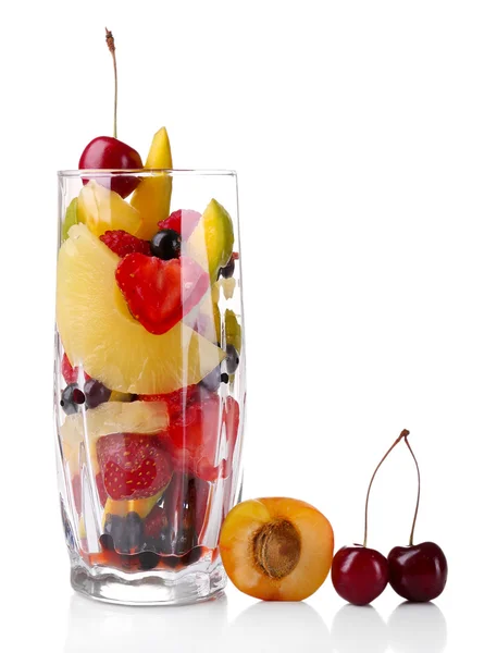 Fresh fruits salad in glass isolated on white — Stock Photo, Image