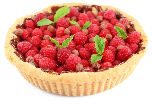 Tart with fresh raspberries, isolated on white — Stock Photo, Image