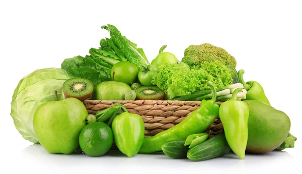 Fresh green food in wicker basket isolated on white — Stock Photo, Image