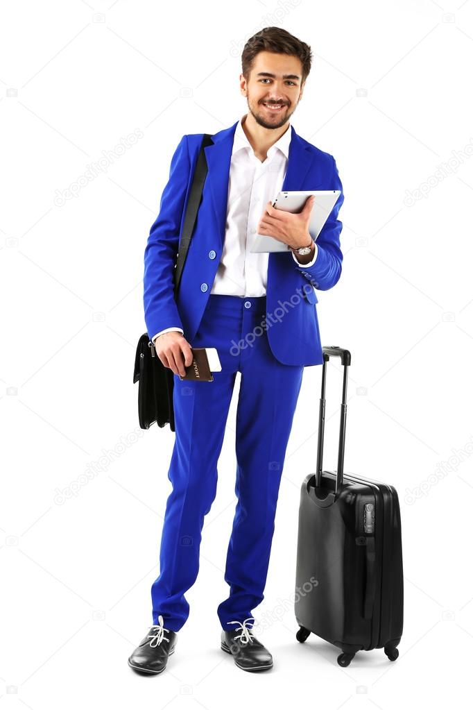 Business man with suitcase and tablet isolated on white