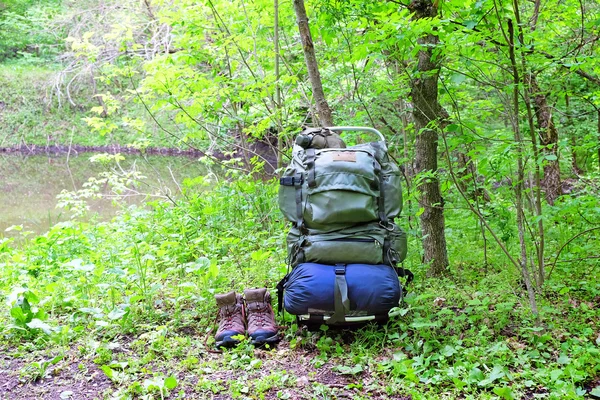 Mochila turística en el bosque —  Fotos de Stock