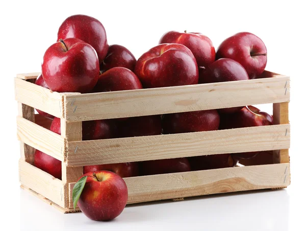 Red apples in wooden crate — Stock Photo, Image