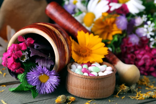 Hierbas, bayas, flores y pastillas — Foto de Stock