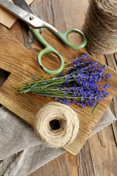 Fresh lavender with rope and scissors — Stock Photo, Image