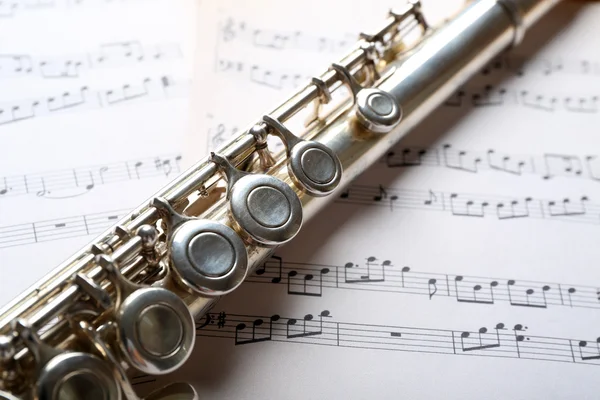 Silver flute on music notes background — Stock Photo, Image