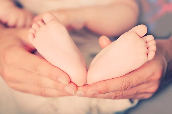 Adult hands holding baby feet — Stock Photo, Image