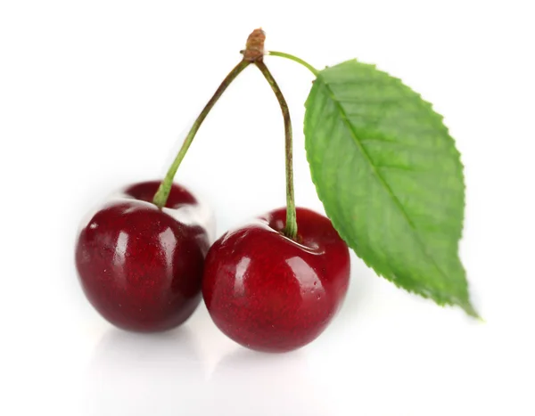 Cerezas frescas con hoja aislada en blanco —  Fotos de Stock